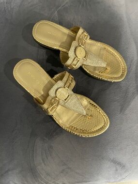 Marc Fisher Metallic Gold T-strap Slide Sandals